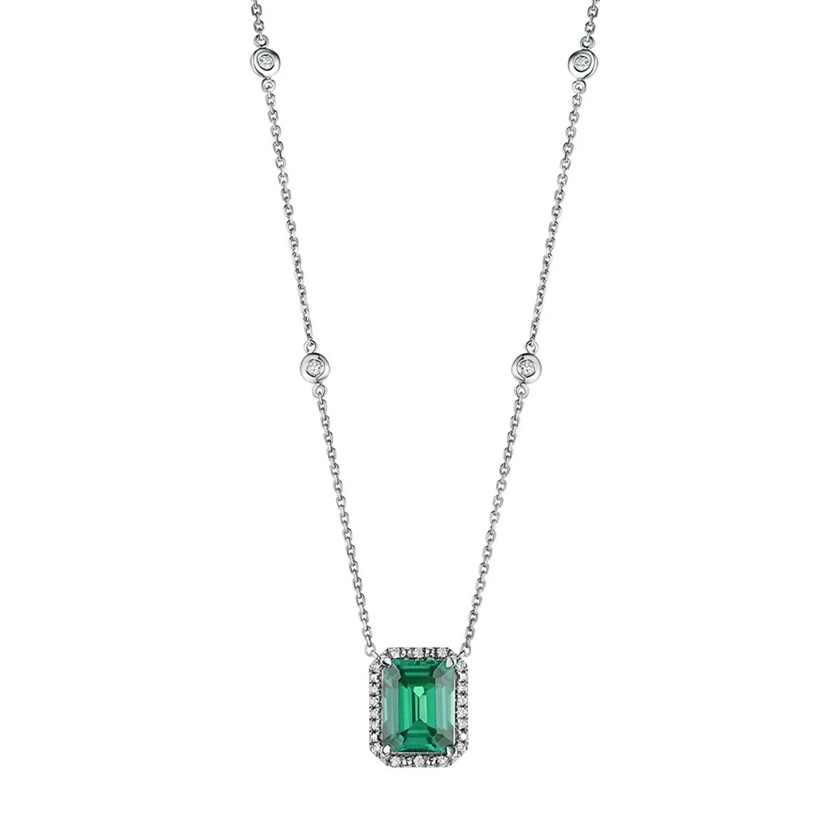 Astra 1.50ct Lab Emerald and Diamond Halo Octagon Cut Necklace in Silver - Image 3