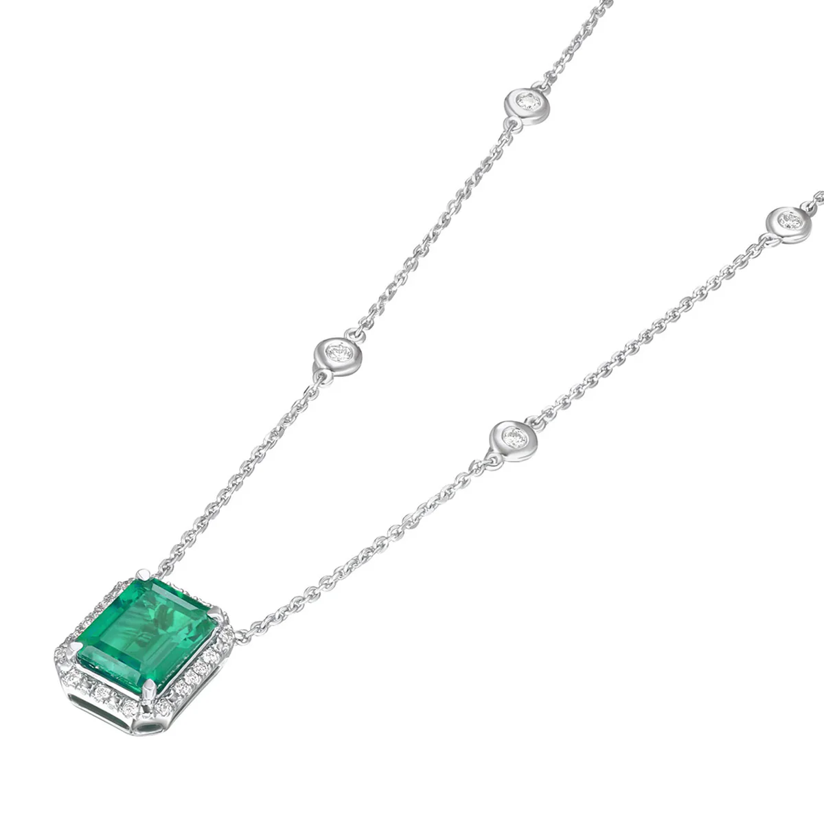 Astra 1.50ct Lab Emerald and Diamond Halo Octagon Cut Necklace in Silver - Image 5