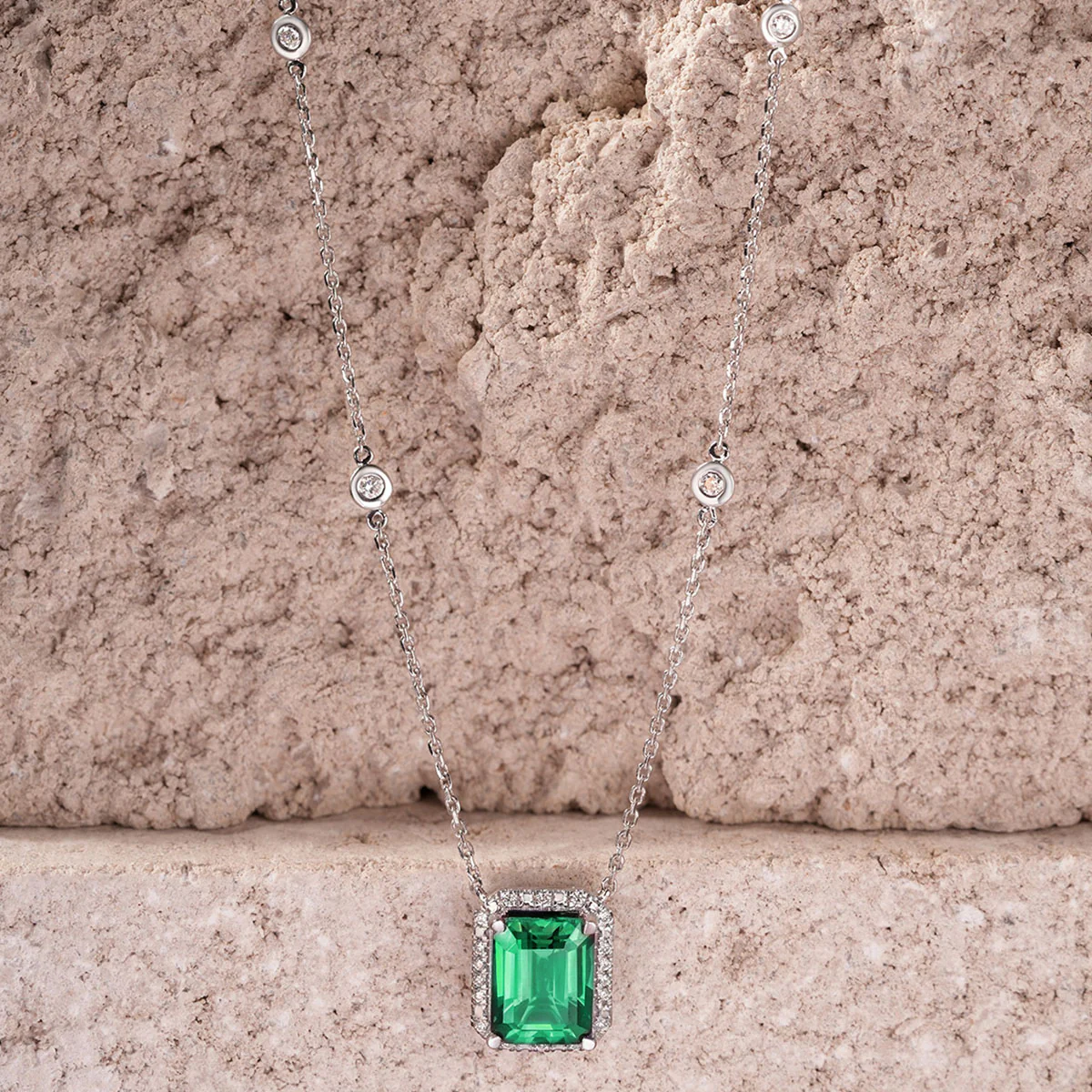 Astra 1.50ct Lab Emerald and Diamond Halo Octagon Cut Necklace in Silver - Image 6