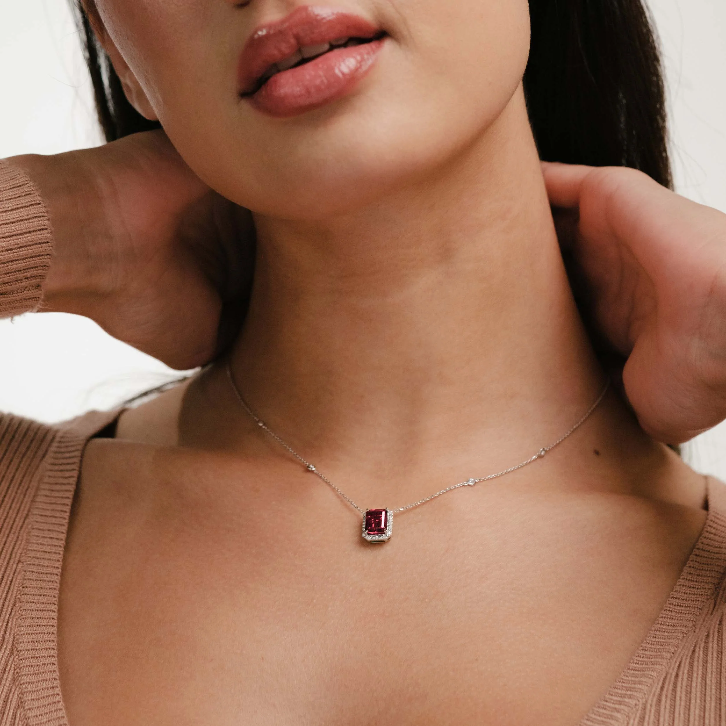 Astra 1.80ct Lab Ruby and Diamond Halo Octagon Cut Necklace in Silver - Image 4