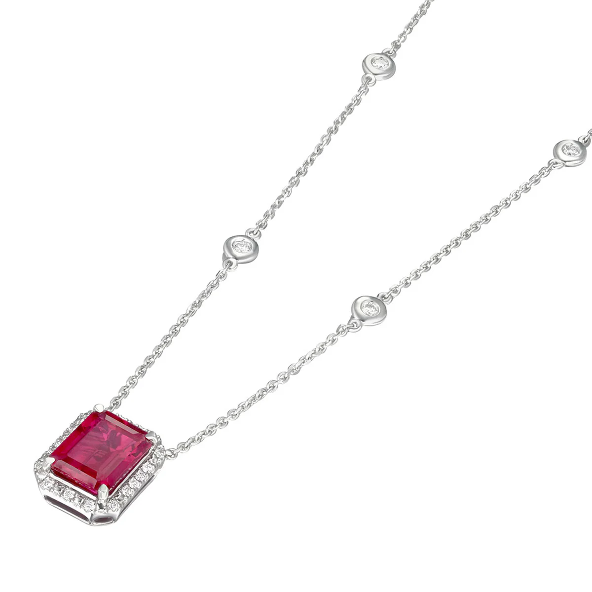 Astra 1.80ct Lab Ruby and Diamond Halo Octagon Cut Necklace in Silver - Image 5