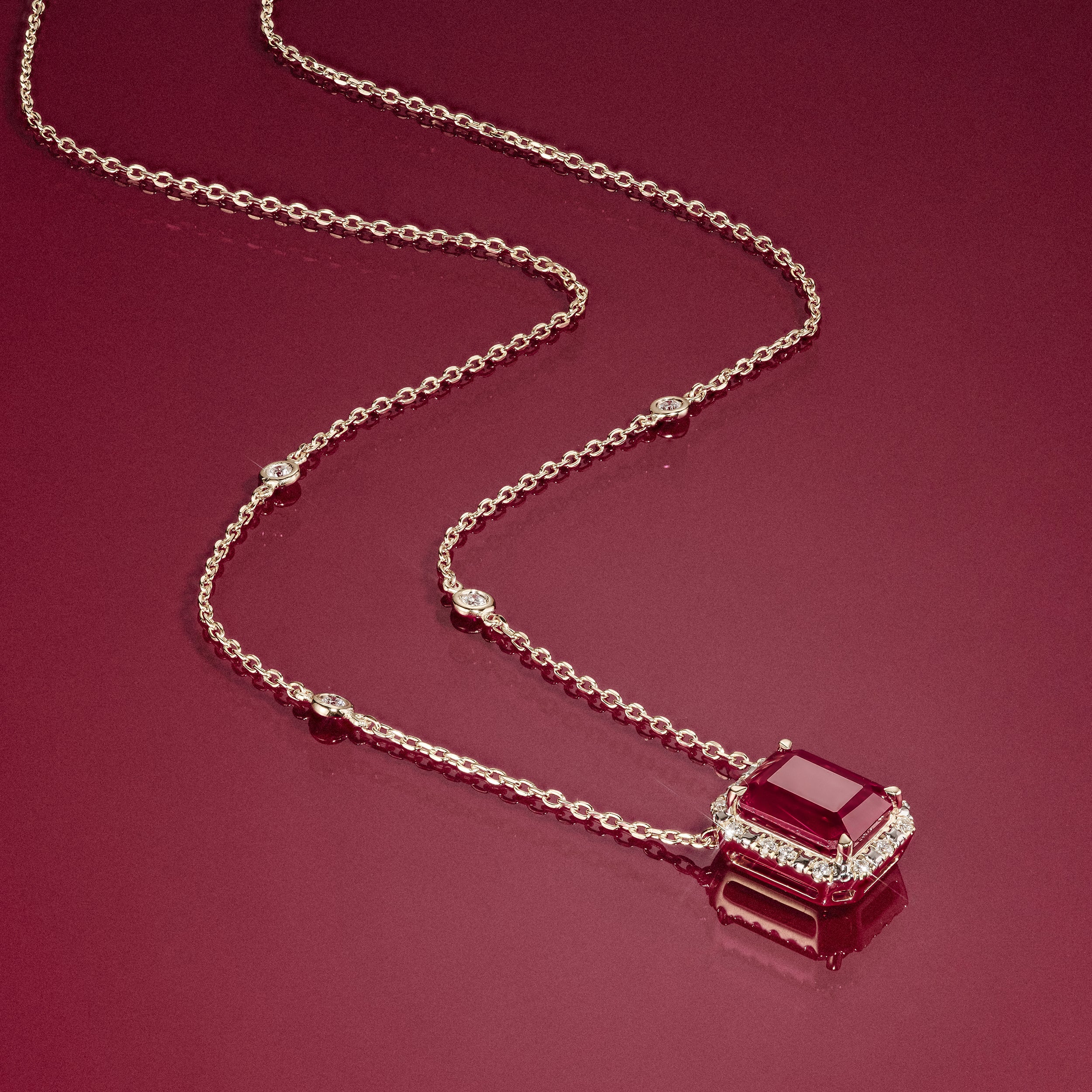Astra 1.80ct Lab Ruby and Diamond Halo Octagon Cut Necklace in Silver - Image 7