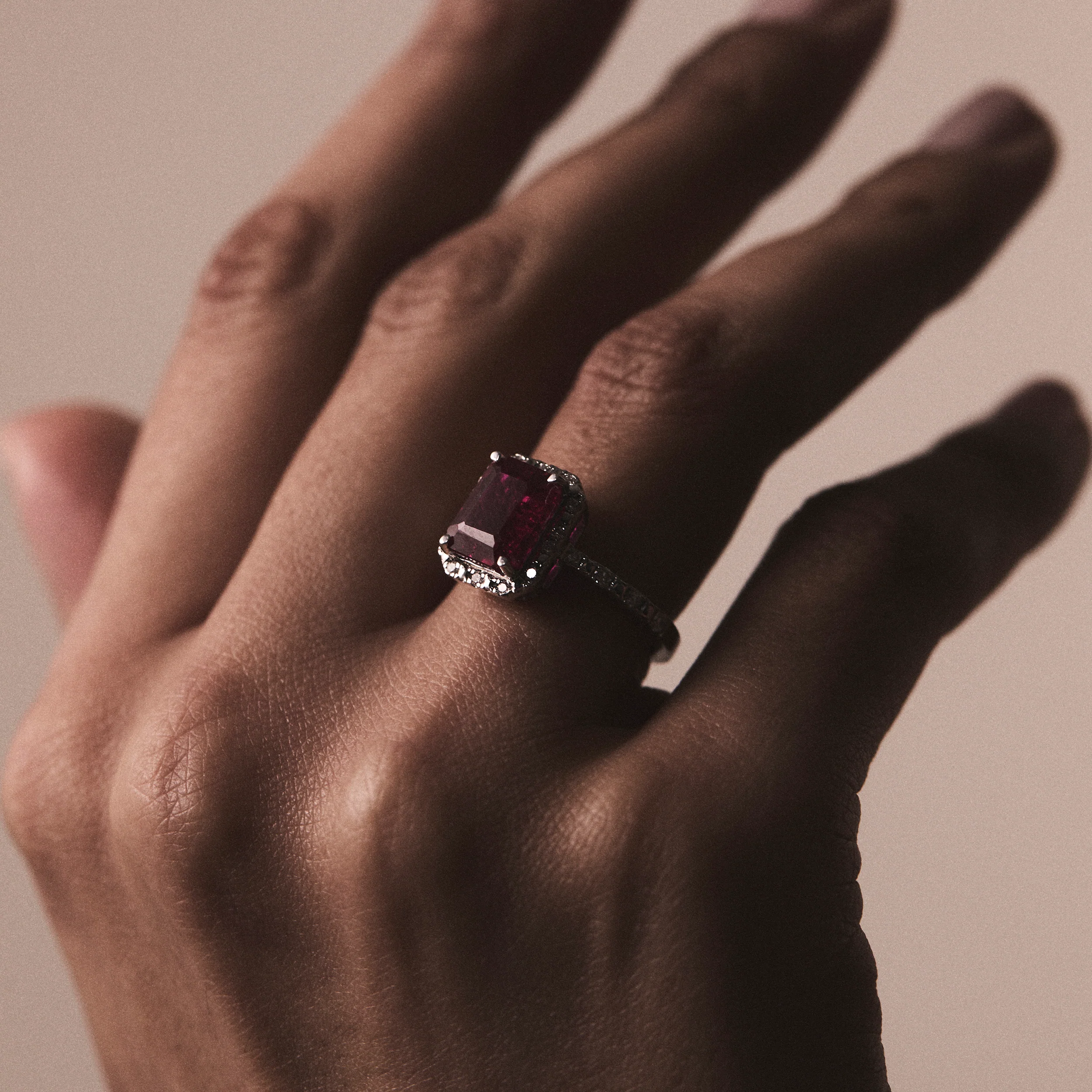 Astra 1.90ct Lab Ruby and Diamond Halo Shoulder Set Octagon Cut Ring in Silver - Image 6