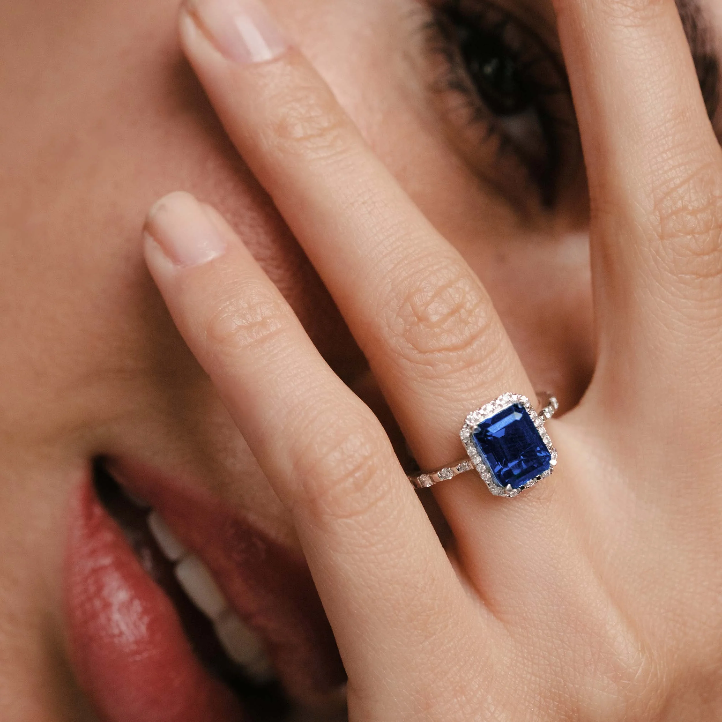 Astra 1.90ct Lab Sapphire Halo Shoulder Set Octagon Cut Ring in Silver - Image 2