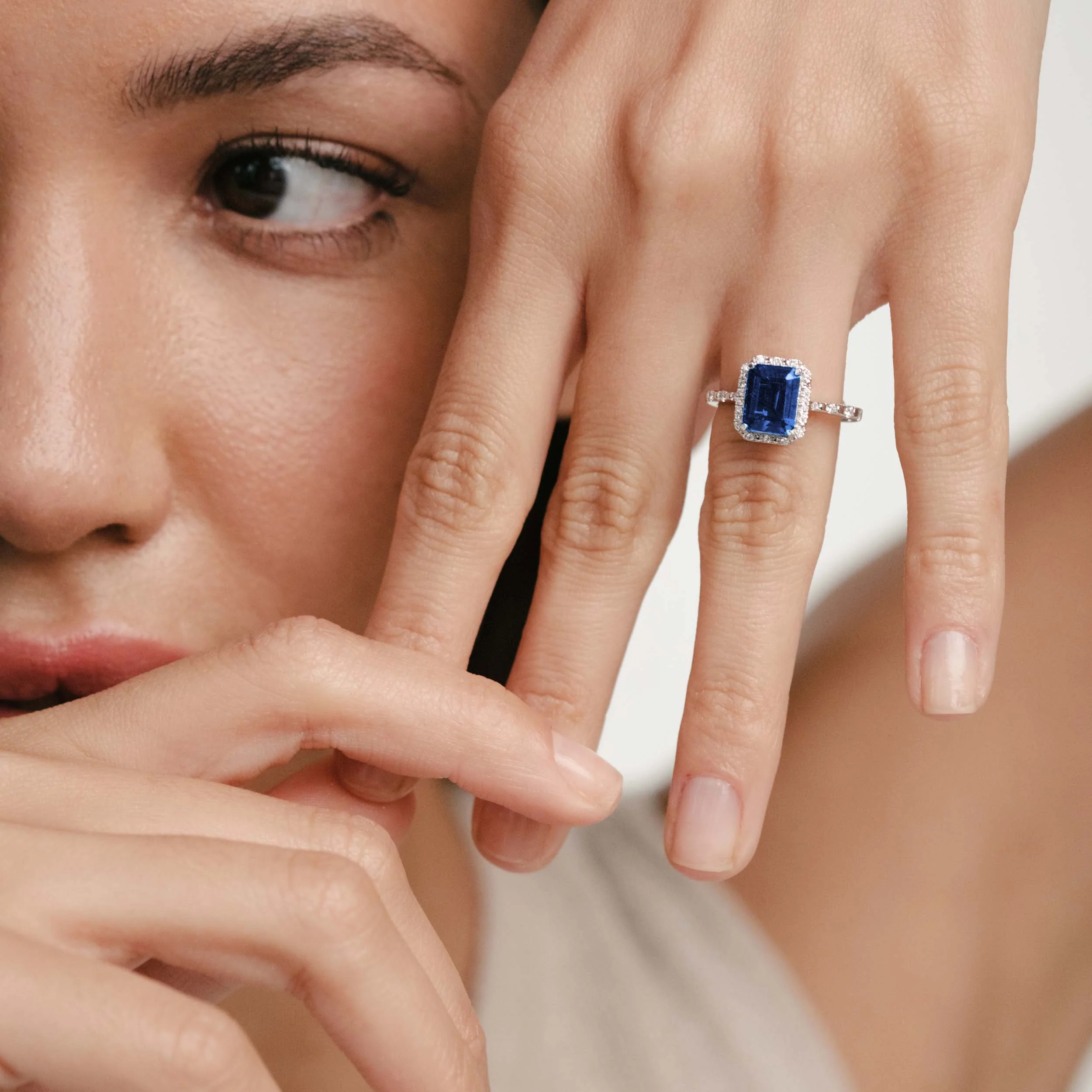 Astra 1.90ct Lab Sapphire Halo Shoulder Set Octagon Cut Ring in Silver - Image 4
