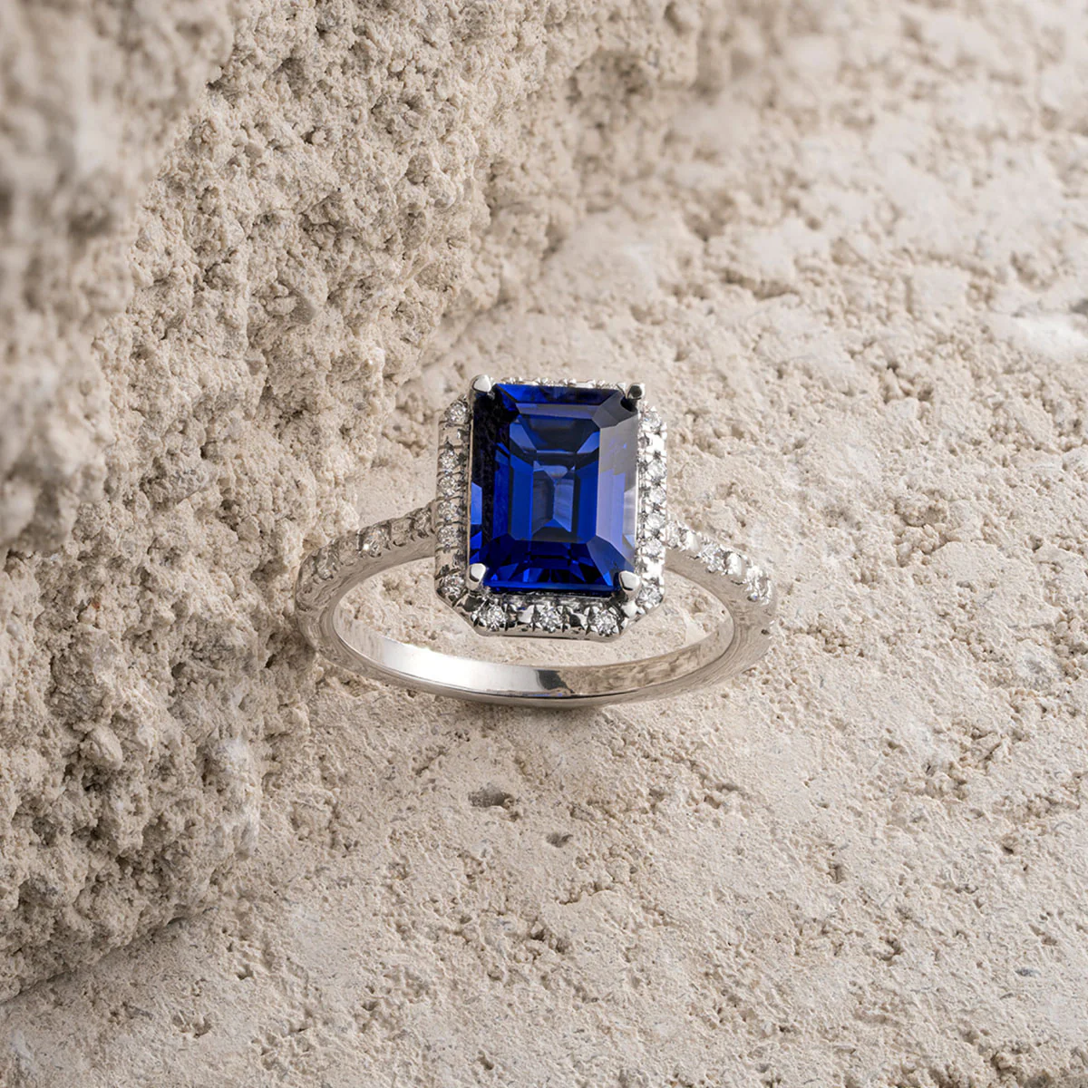 Astra 1.90ct Lab Sapphire Halo Shoulder Set Octagon Cut Ring in Silver - Image 7