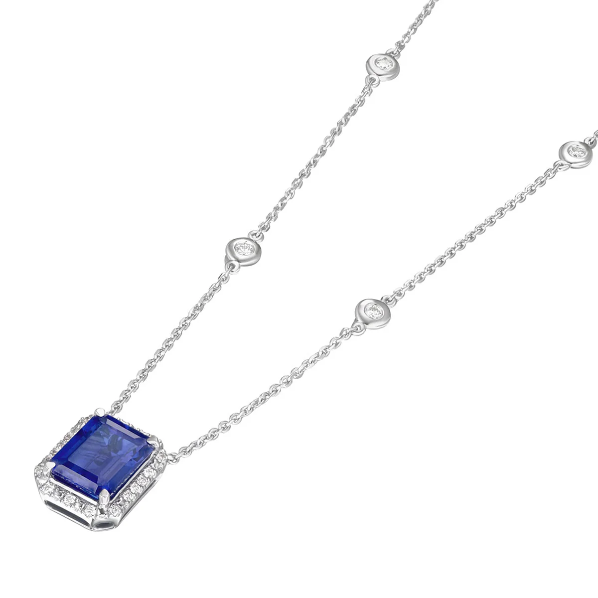 Astra 2.00ct Lab Sapphire and Diamond Halo Octagon Cut Necklace in Silver - Image 5
