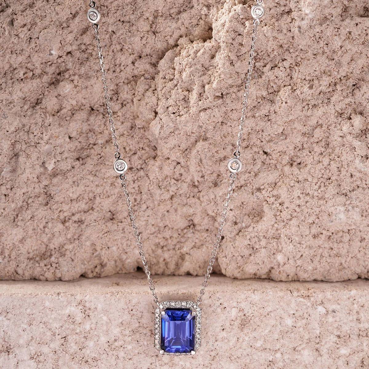 Astra 2.00ct Lab Sapphire and Diamond Halo Octagon Cut Necklace in Silver - Image 8