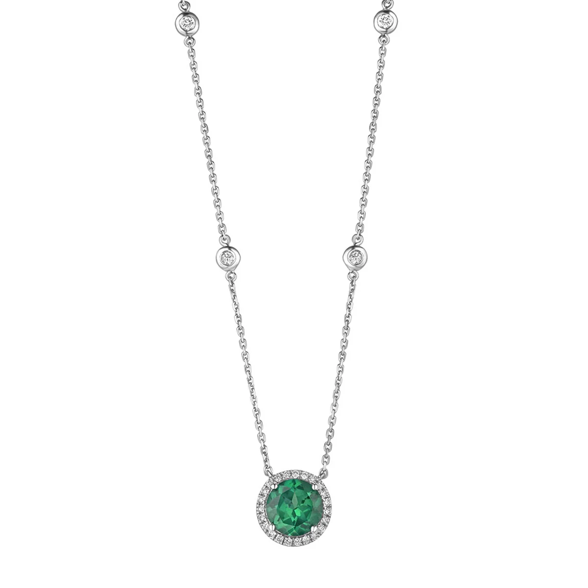 Astra 2.30ct Lab Emerald and Diamond Halo Round Cut Necklace in Silver - Image 3