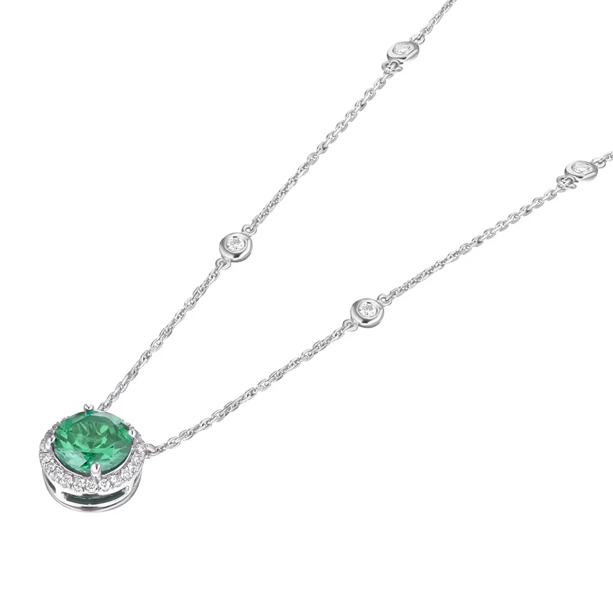 Astra 2.30ct Lab Emerald and Diamond Halo Round Cut Necklace in Silver - Image 5