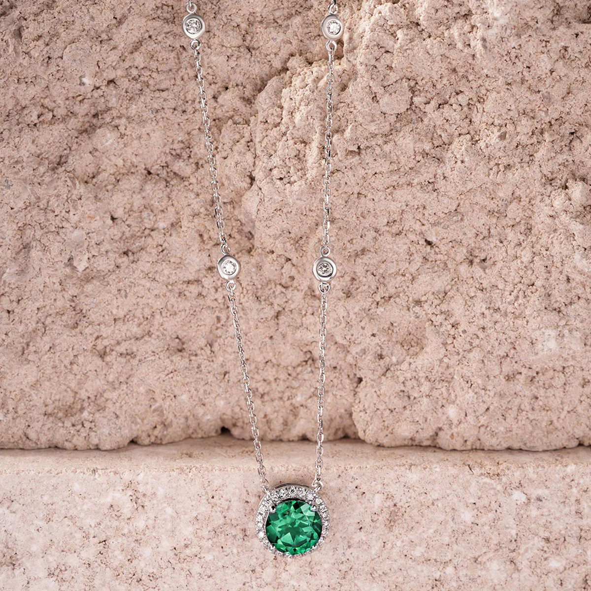 Astra 2.30ct Lab Emerald and Diamond Halo Round Cut Necklace in Silver - Image 6