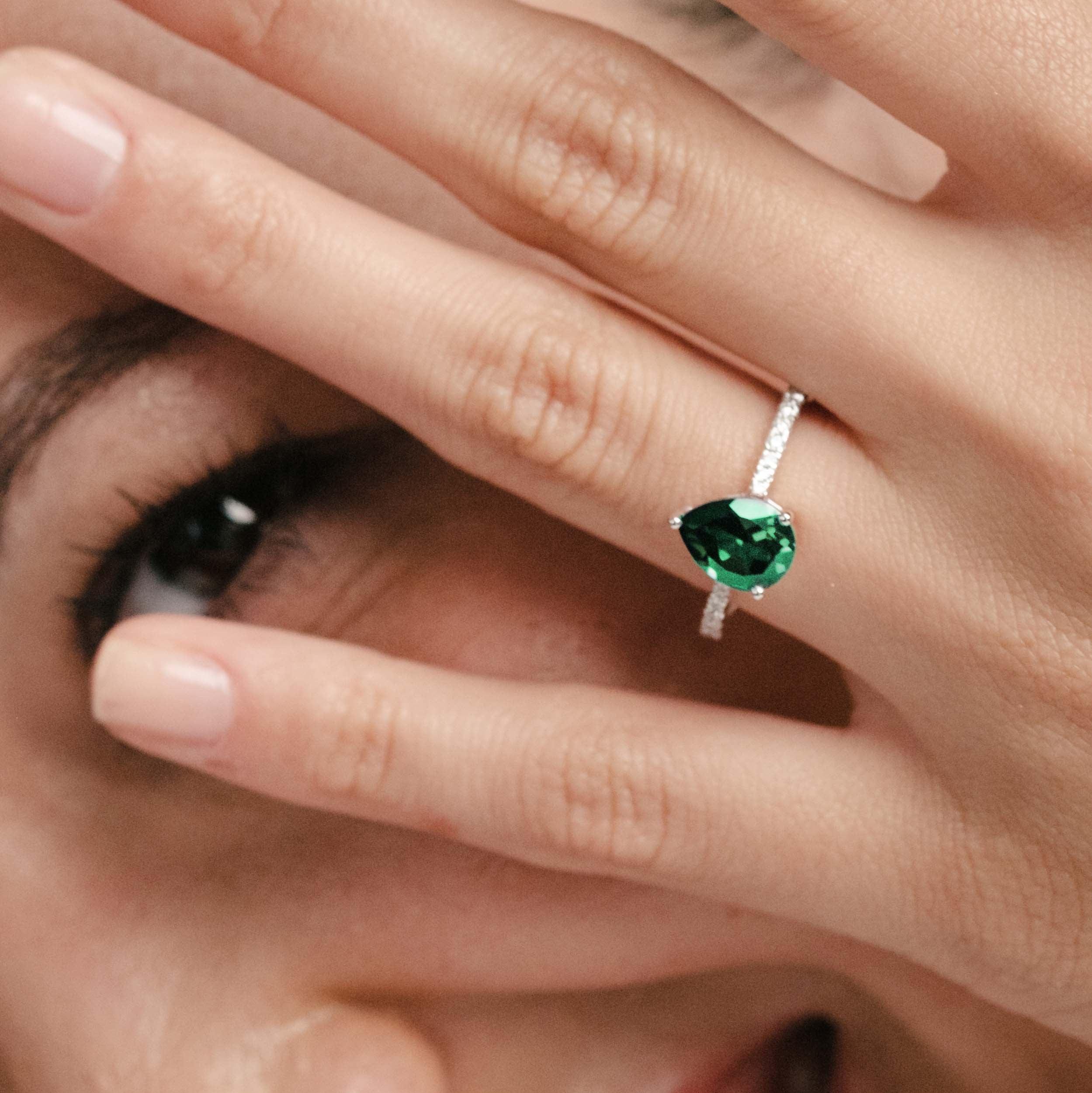Astra 2.30ct Lab Emerald and Diamond Shoulder Set Pear Cut Ring in Silver - Image 4