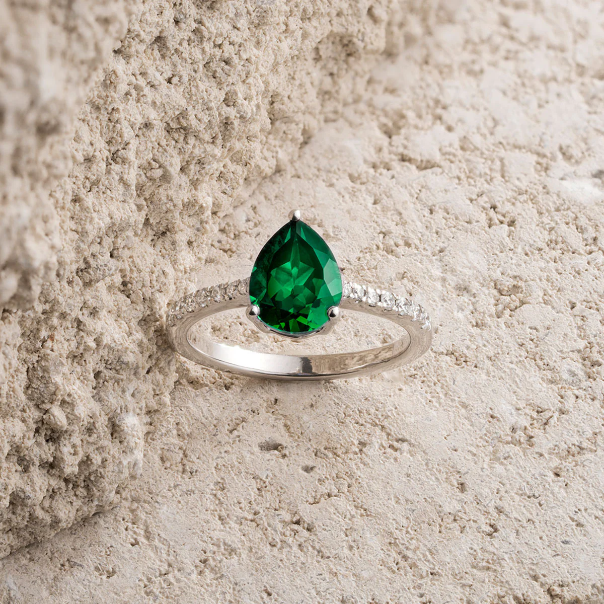 Astra 2.30ct Lab Emerald and Diamond Shoulder Set Pear Cut Ring in Silver - Image 6