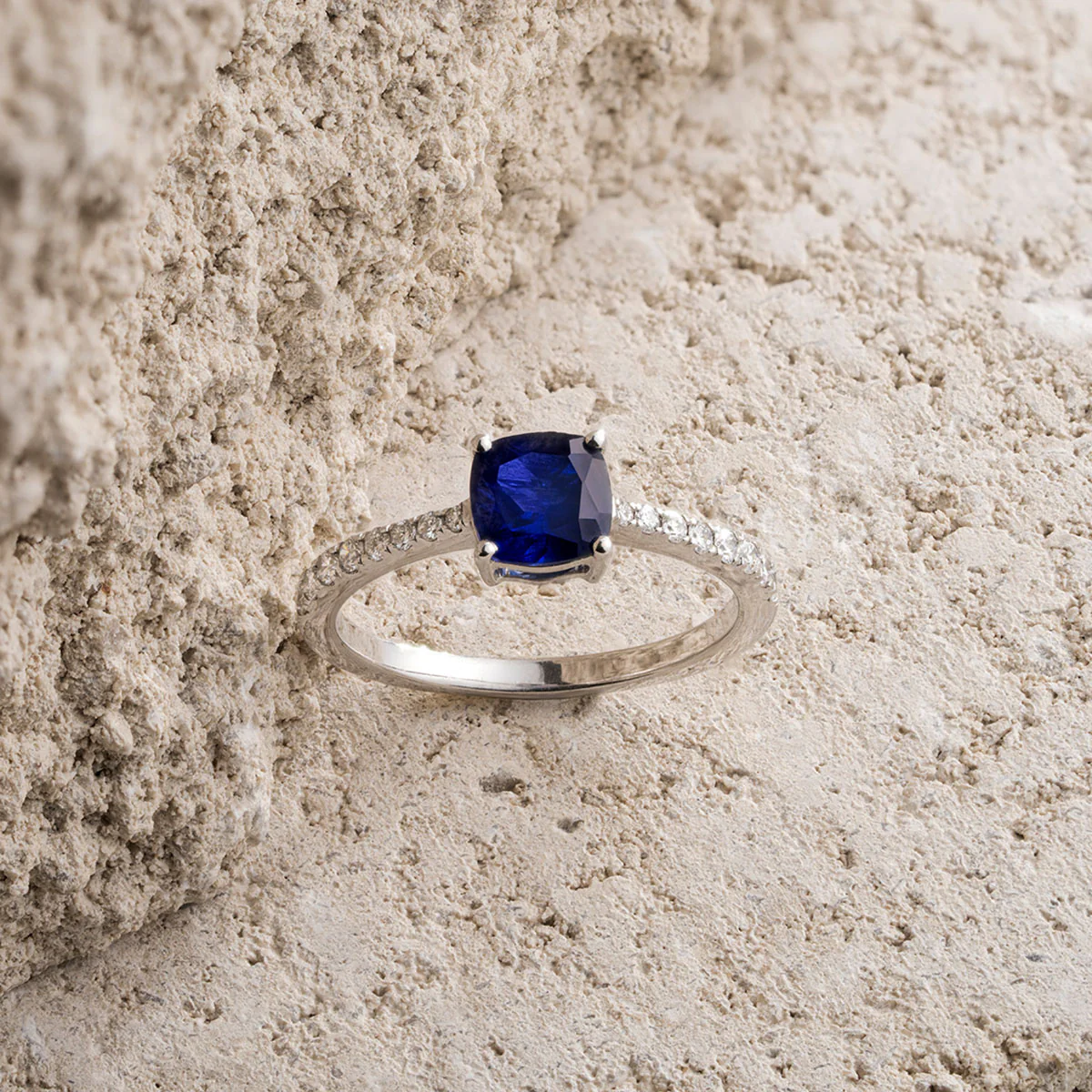 Astra 2.30ct Lab Sapphire and Diamond Shoulder Set Cushion Cut Ring in Silver - Image 2