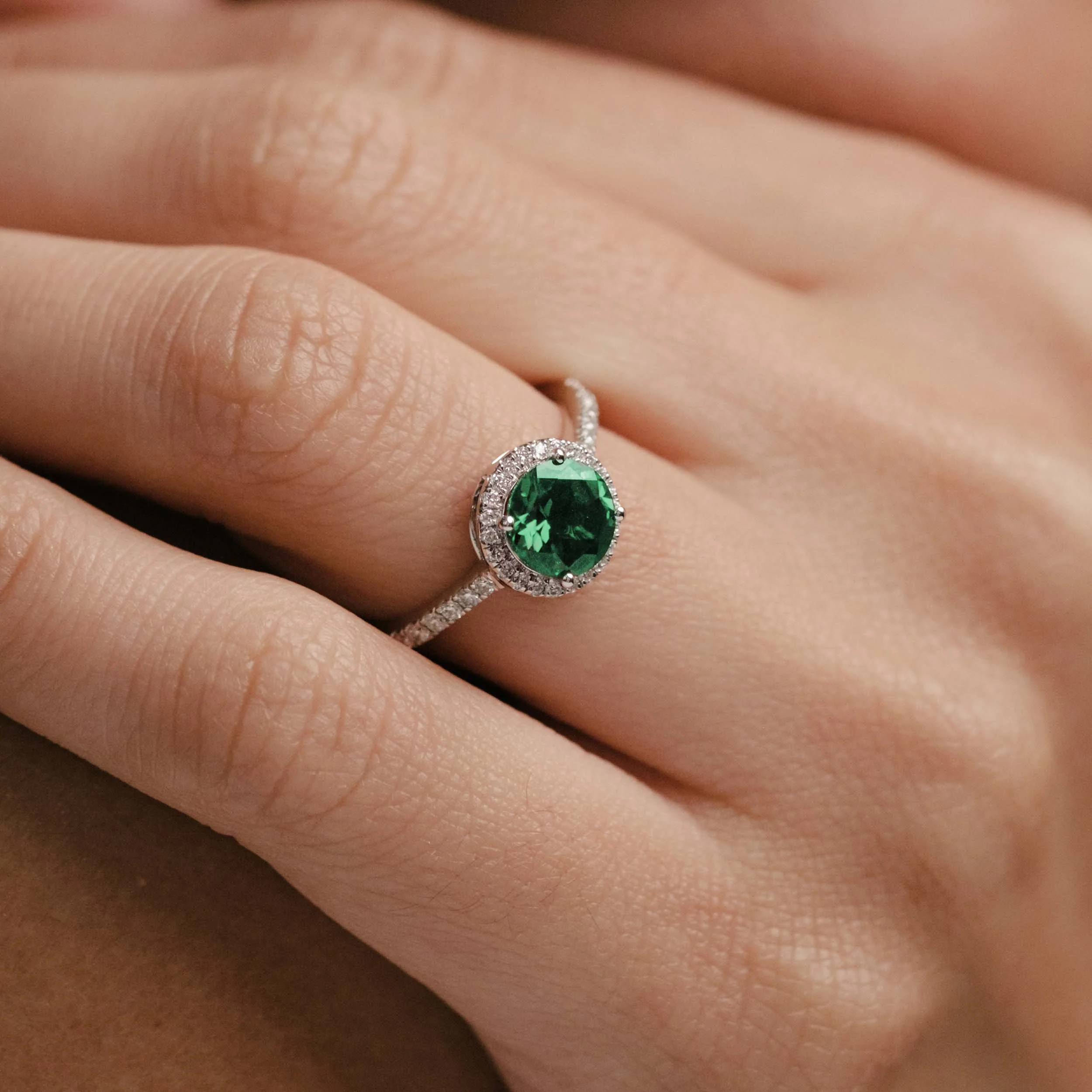 Astra 2.50ct Lab Emerald and Diamond Halo Shoulder Set Round Cut in Silver - Image 2