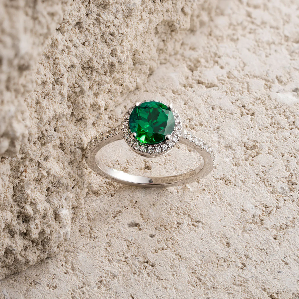 Astra 2.50ct Lab Emerald and Diamond Halo Shoulder Set Round Cut in Silver - Image 6