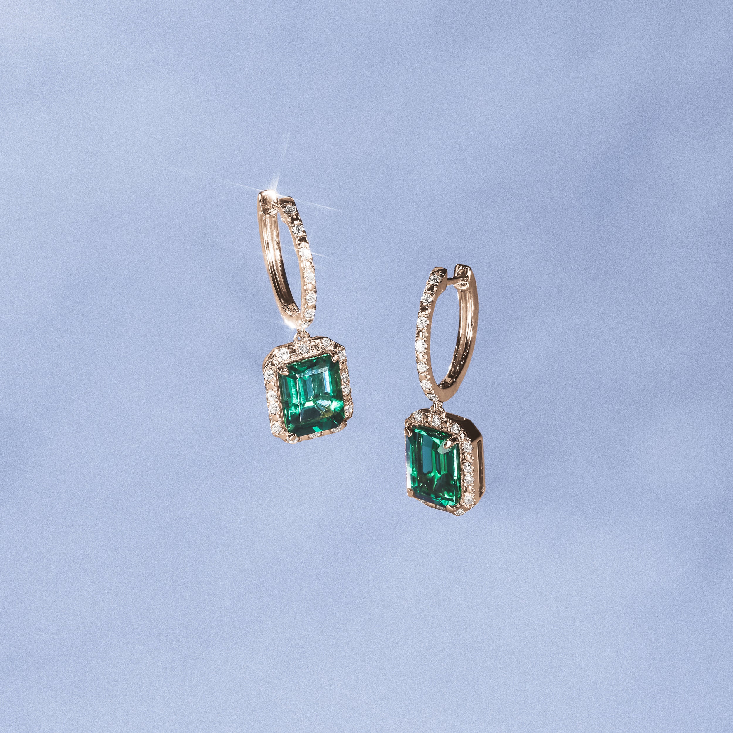 Astra 3.00ct Lab Emerald and Diamond Drop Halo Octagon Cut Earrings in 18K Gold Vermeil - Image 6