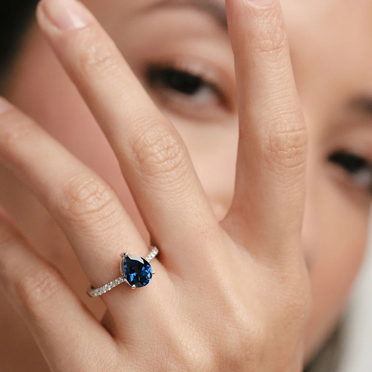 Astra 3.10ct Lab Sapphire and Diamond Shoulder Set Pear Cut Ring in Silver - Image 2