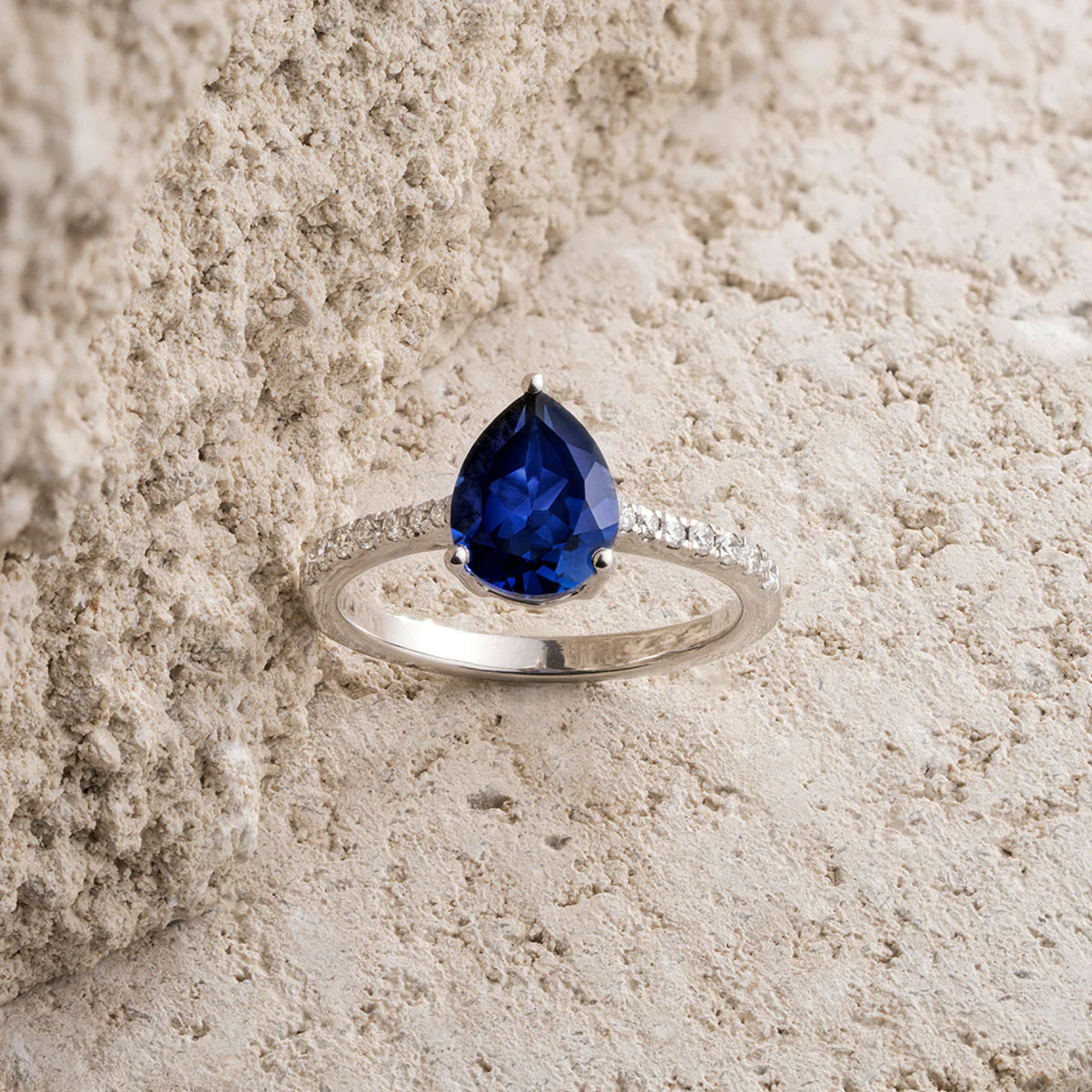 Astra 3.10ct Lab Sapphire and Diamond Shoulder Set Pear Cut Ring in Silver - Image 6