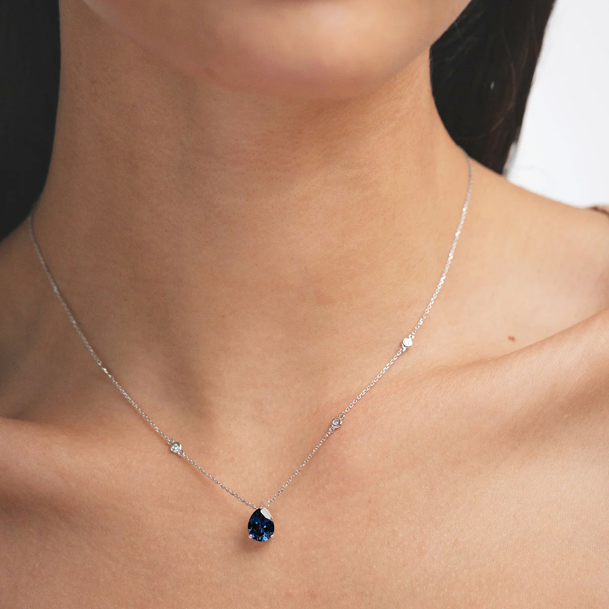 Astra 3.20ct Lab Sapphire and Diamond Solitaire Pear Cut Necklace in Silver - Image 4