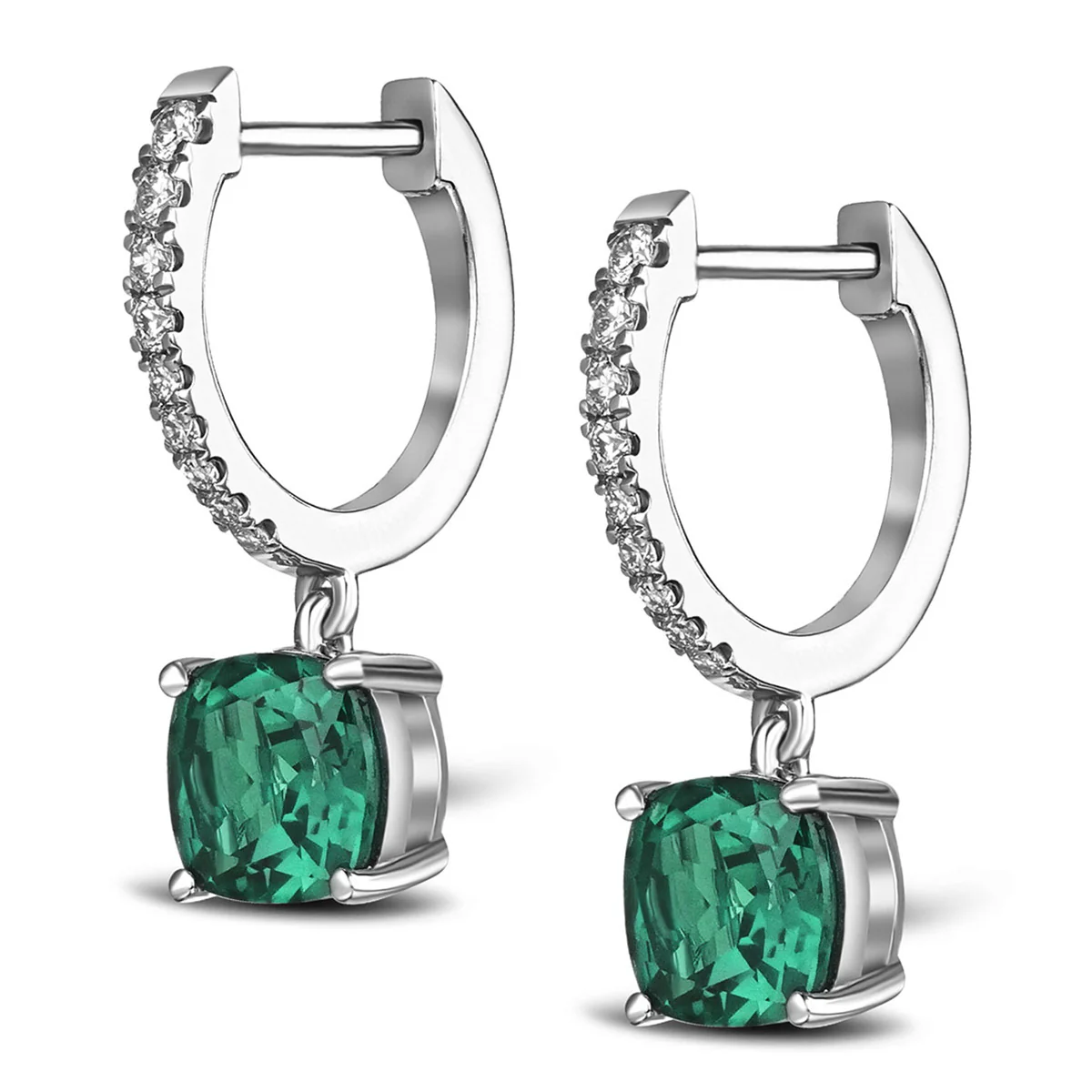 Astra 3.40ct Lab Emerald and Diamond Drop Cushion Cut Earrings in Silver - Image 3