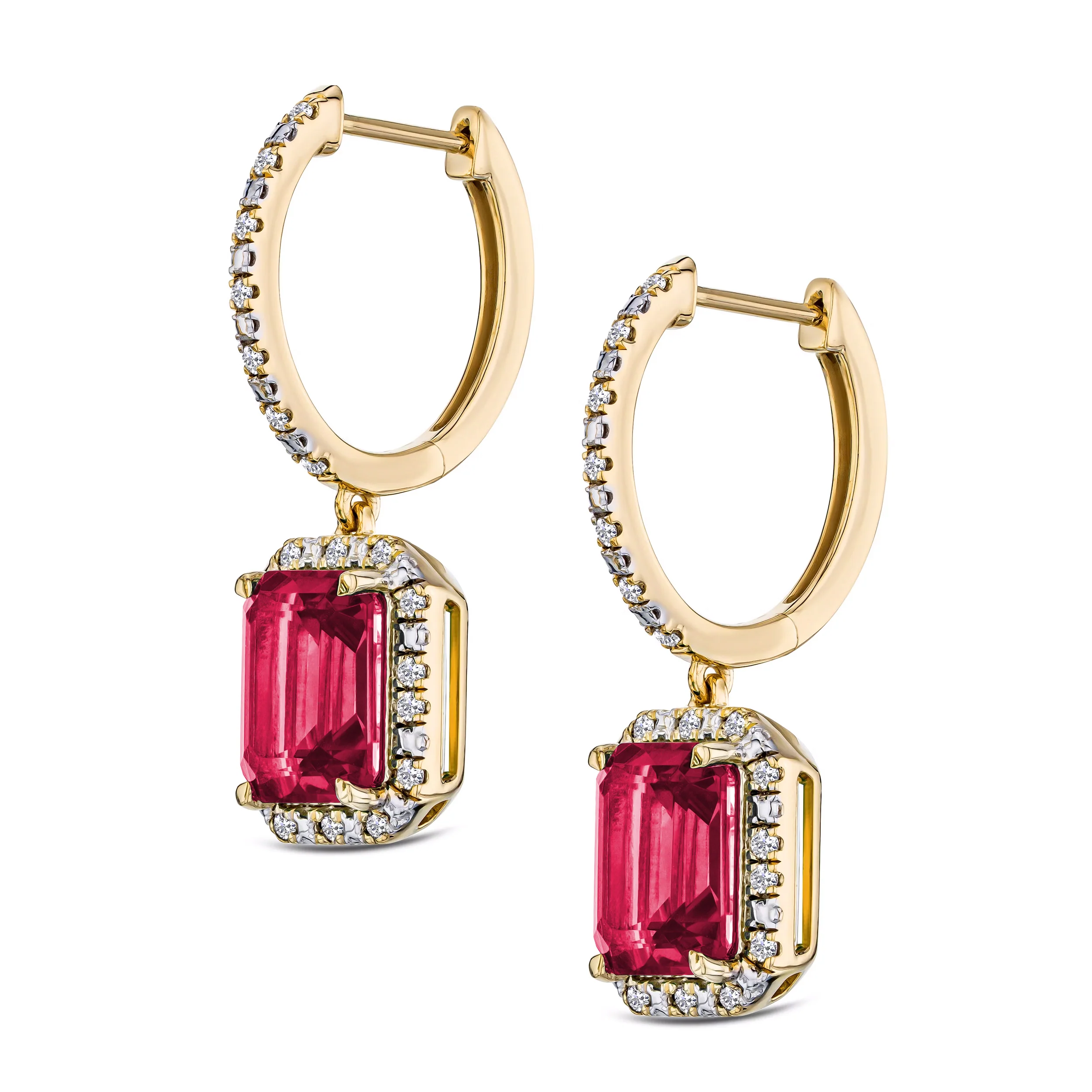 Astra 3.50ct Lab Ruby and Diamond Drop Halo Octagon Cut Earrings in 18K Gold Vermeil - Image 3