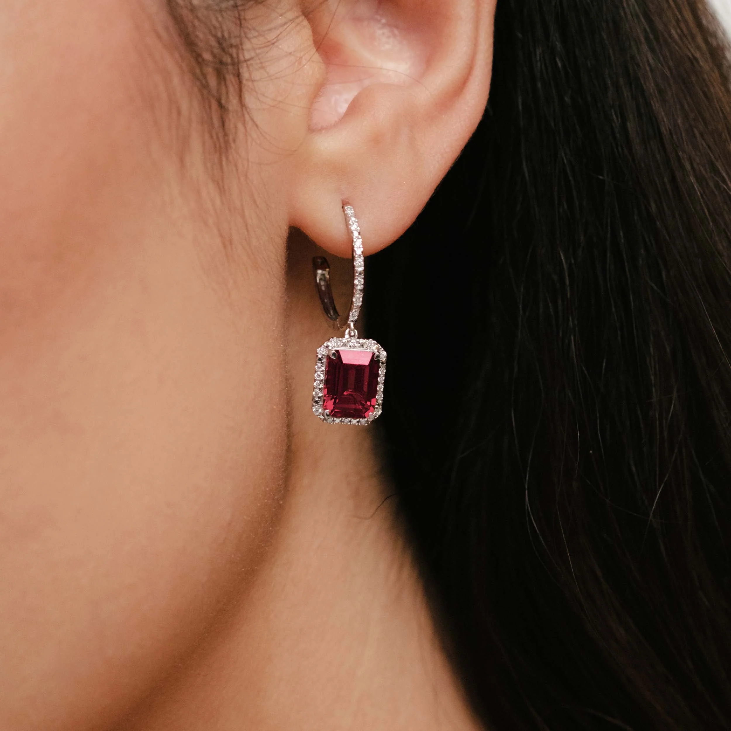 Astra 3.50ct Lab Ruby and Diamond Drop Halo Octagon Cut Earrings in Silver - Image 2