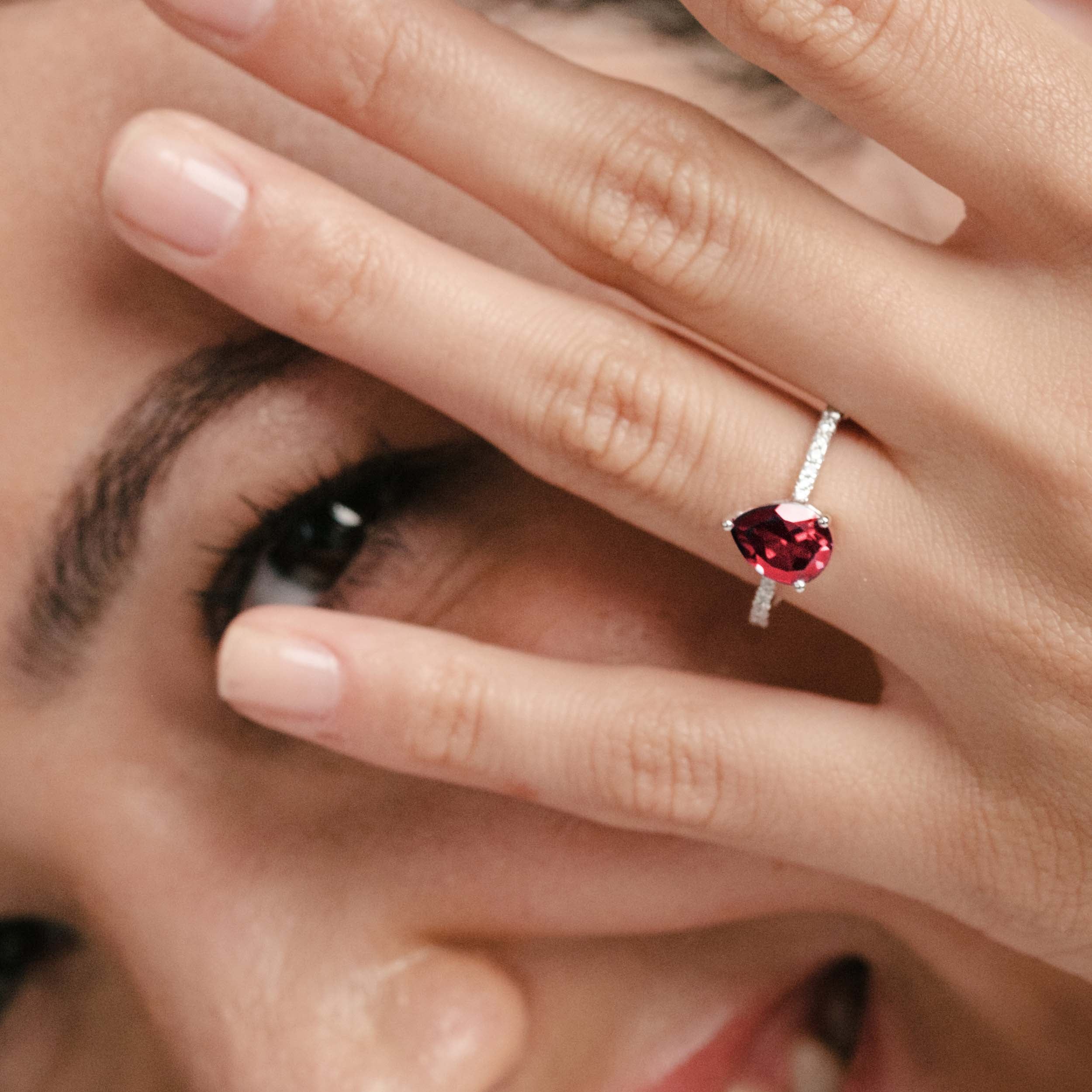 Astra 3.50ct Lab Ruby and Diamond Shoulder Set Pear Cut Ring in Silver - Image 4