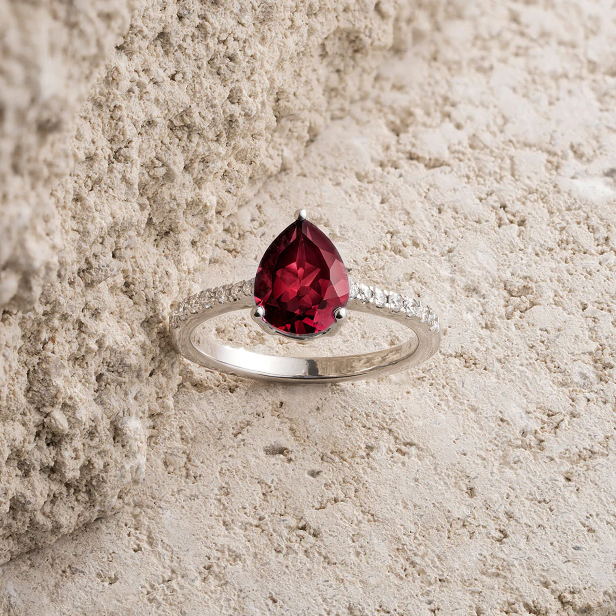 Astra 3.50ct Lab Ruby and Diamond Shoulder Set Pear Cut Ring in Silver - Image 6