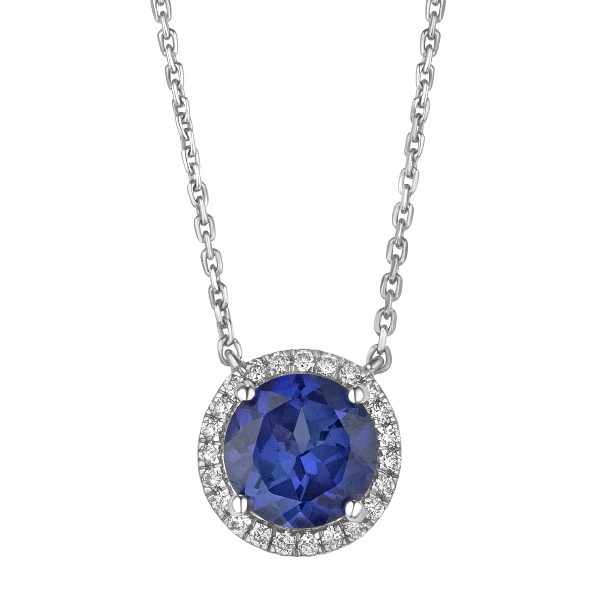 Astra 3.50ct Lab Sapphire and Diamond Halo Round Cut Necklace in Silver