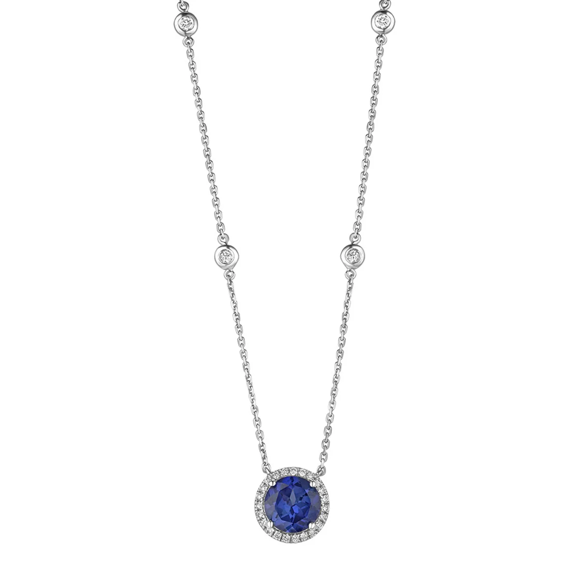 Astra 3.50ct Lab Sapphire and Diamond Halo Round Cut Necklace in Silver - Image 3
