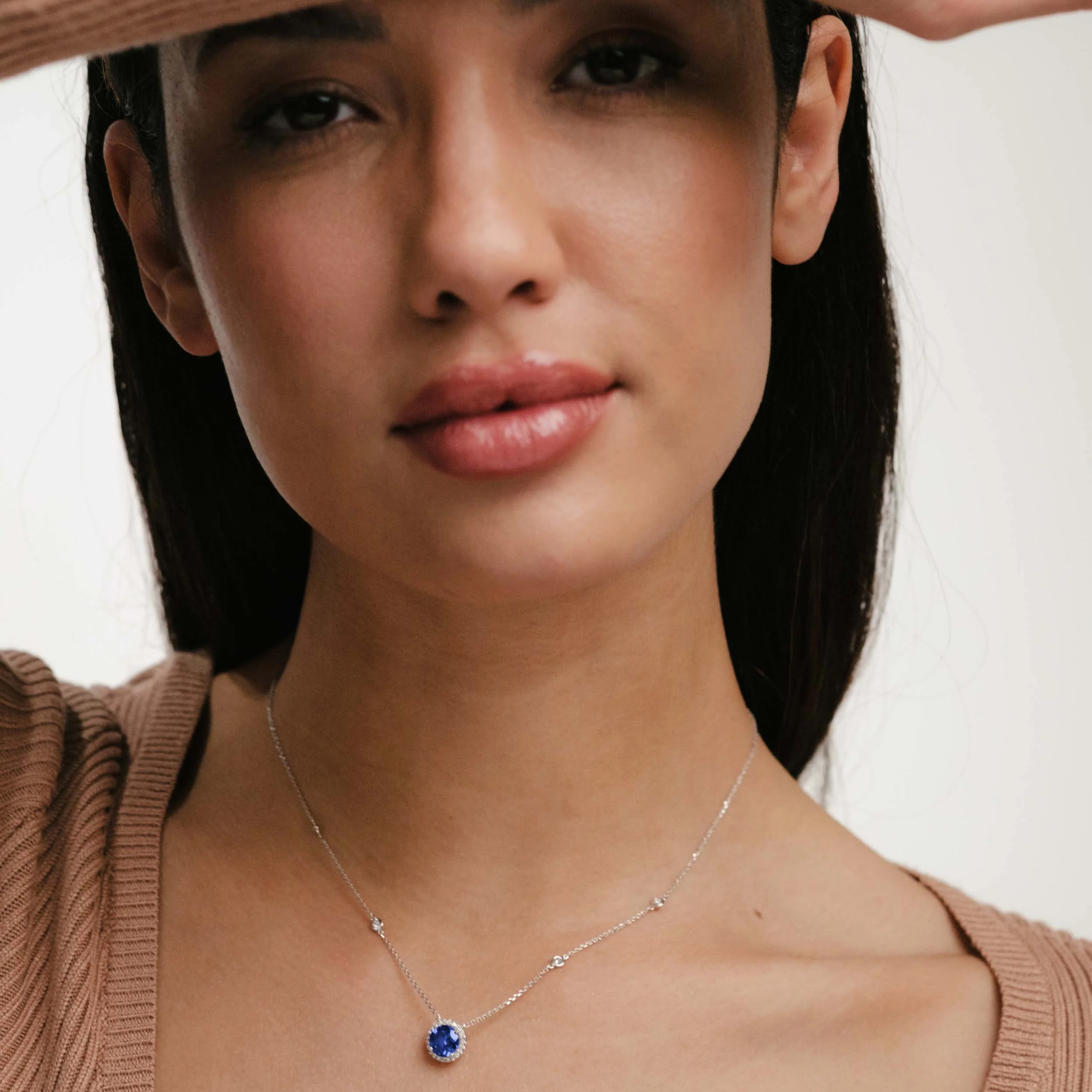 Astra 3.50ct Lab Sapphire and Diamond Halo Round Cut Necklace in Silver - Image 4