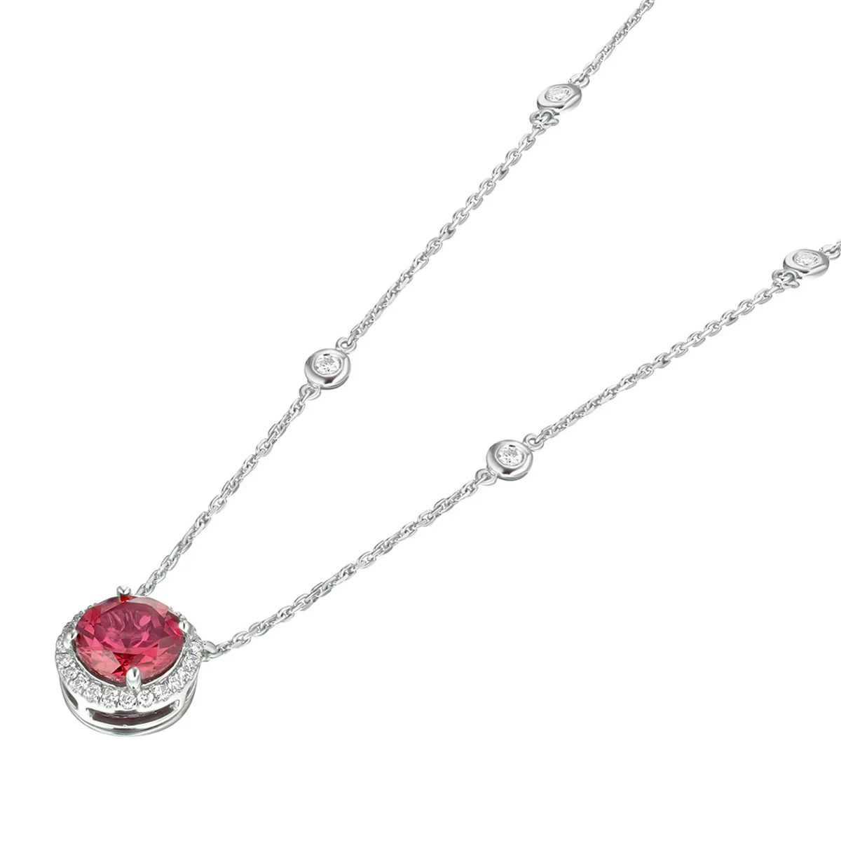 Astra 3.60ct Lab Ruby and Diamond Halo Round Cut Necklace in Silver - Image 5