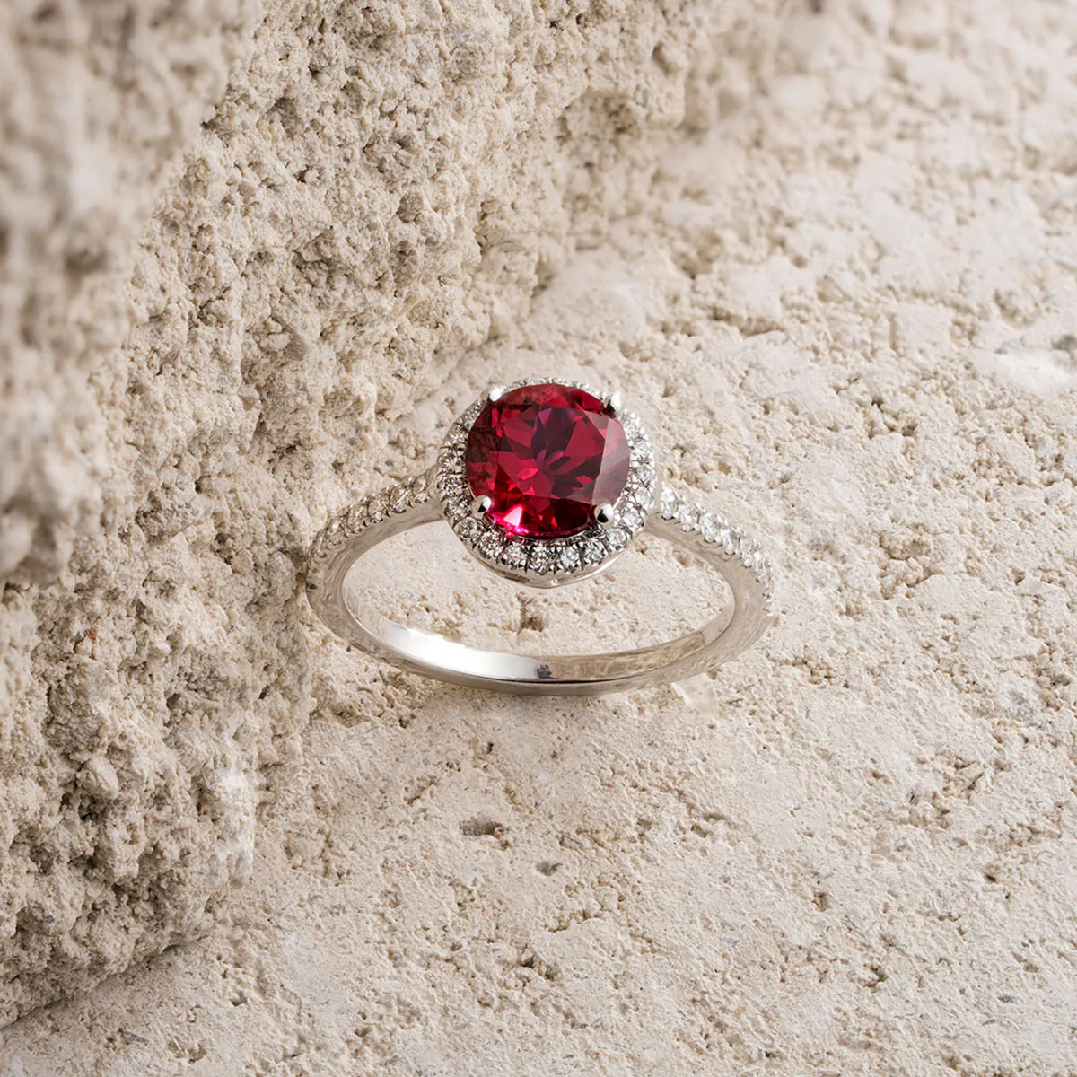 Astra 3.60ct Lab Ruby and Diamond Halo Shoulder Set Round Cut Ring in Silver - Image 6