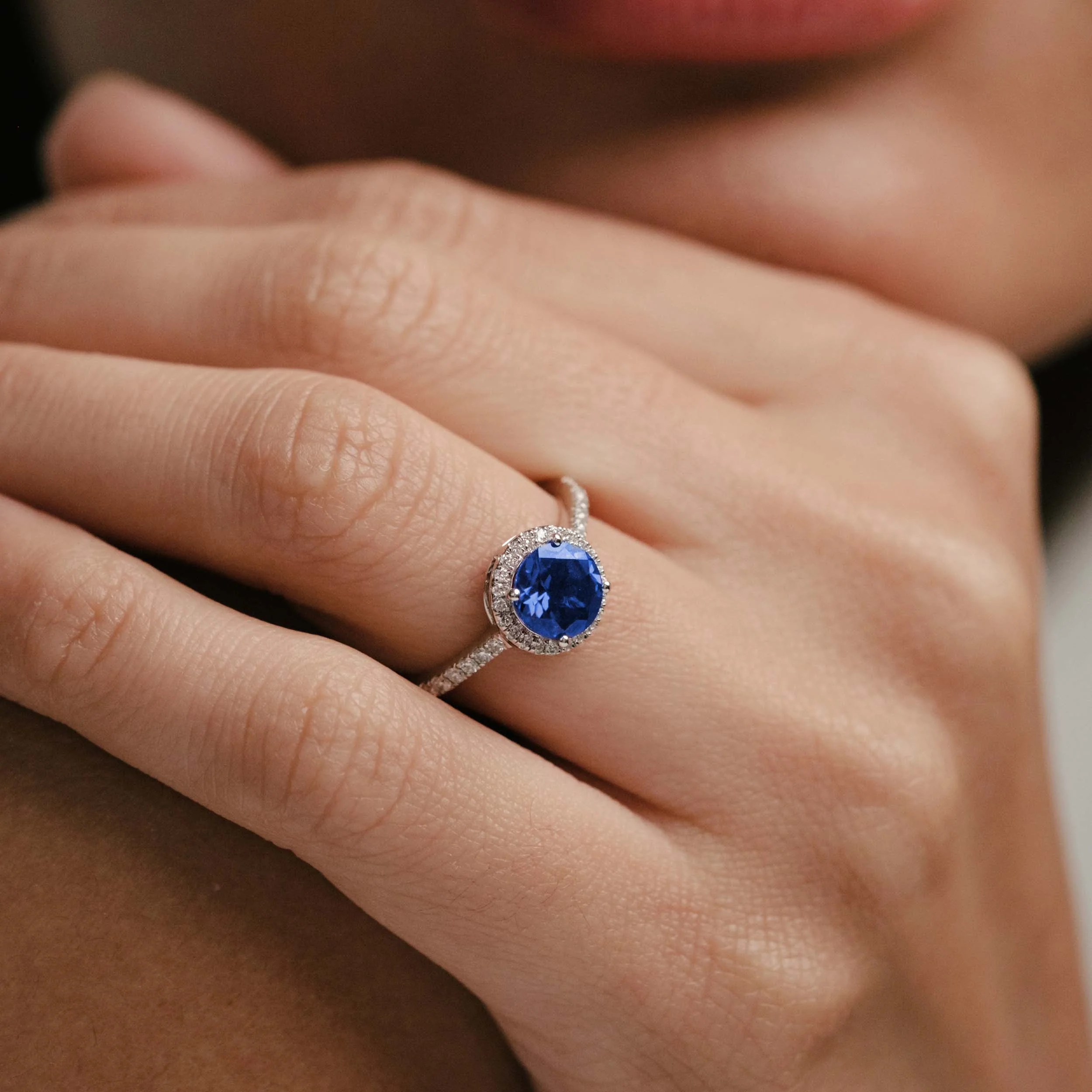 Astra 3.60ct Lab Sapphire and Diamond Halo Shoulder Set Round Cut in Silver - Image 2