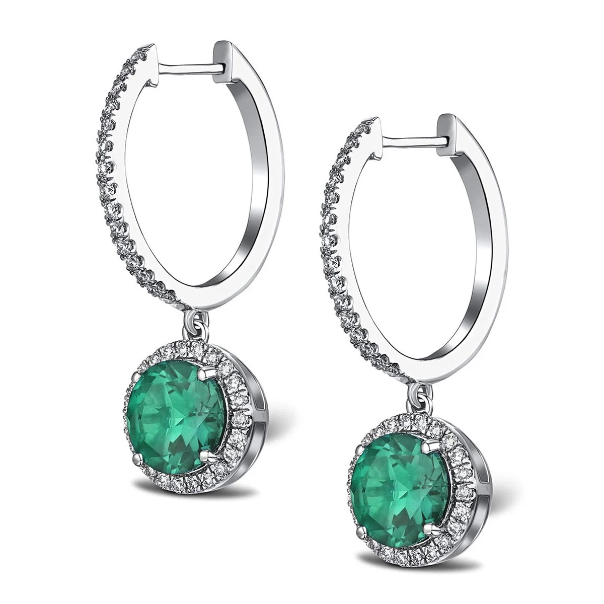 Astra 4.70ct Lab Emerald and Diamond Drop Halo Round Cut Earrings in Silver - Image 3