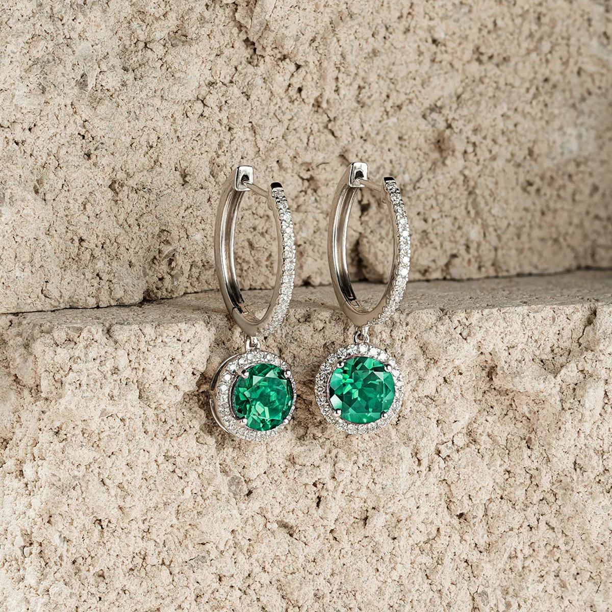Astra 4.70ct Lab Emerald and Diamond Drop Halo Round Cut Earrings in Silver - Image 6