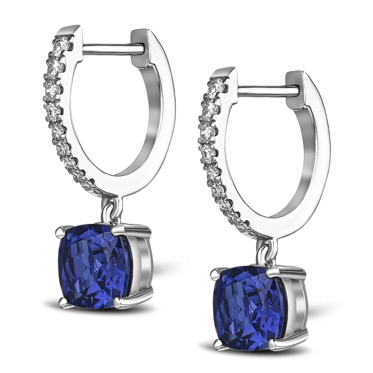 Astra 4.70t Lab Sapphire and Diamond Drop Cushion Cut Earrings in Silver - Image 2