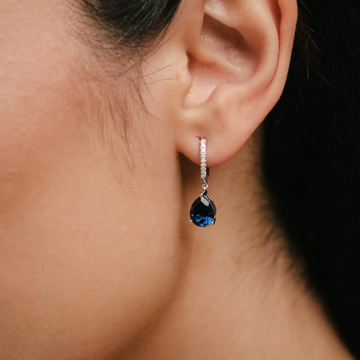 Astra 6.50ct Lab Sapphire and Diamond Drop Pear Cut Earrings in Silver - Image 2