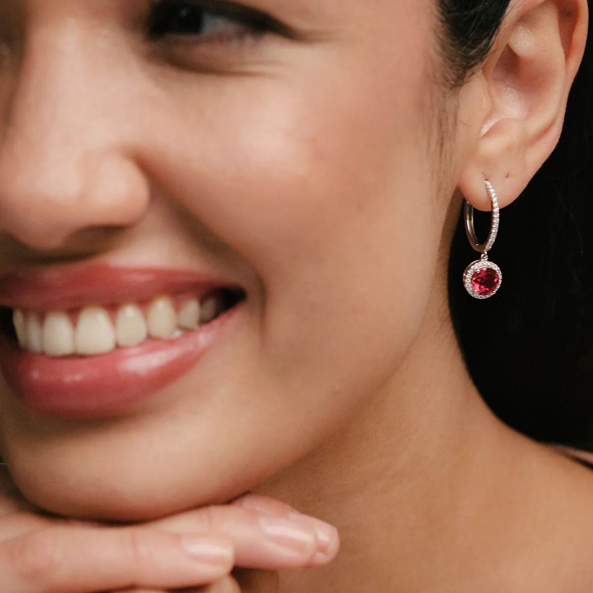Astra 7.10ct Lab Ruby and Diamond Drop Halo Round Cut Earrings in Silver - Image 2