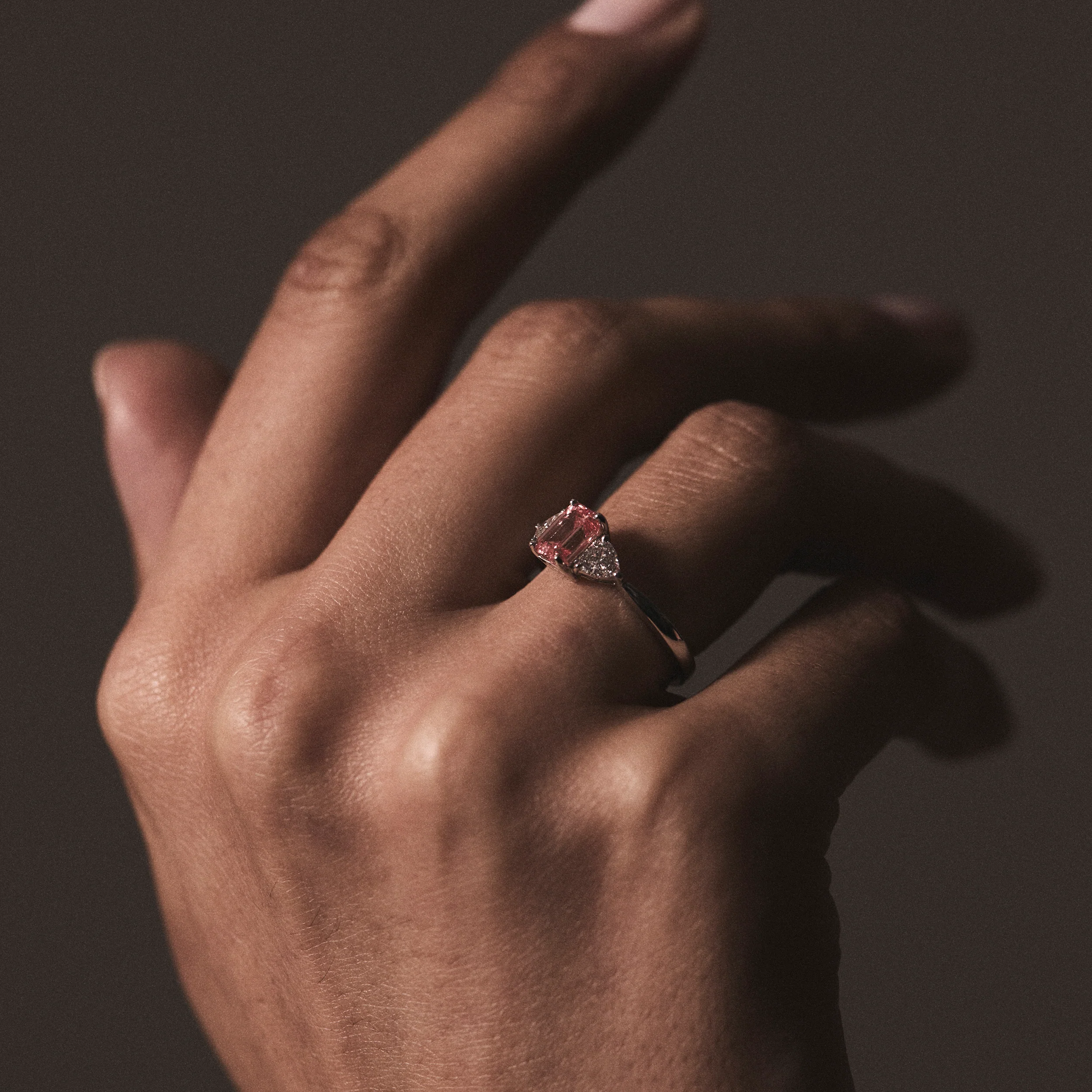 Aurora Pink Lab Diamond Emerald Cut and Trillion 1.70ct Ring in 18K White Gold - Elara Collection - Image 6