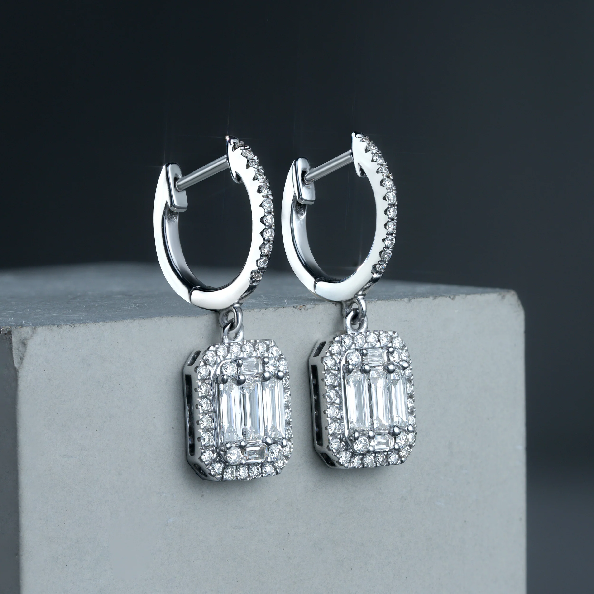 Baguette Lab Diamond Halo Earrings 1.30ct G/VS Set in 9K White Gold - Image 2