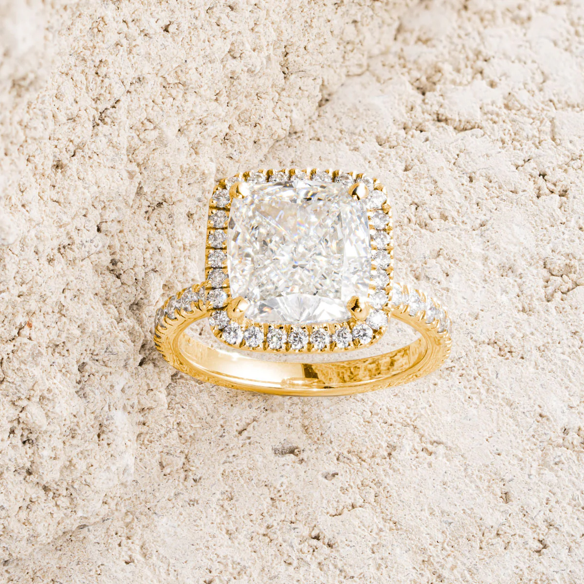 Beatrice 5.75ct Lab Diamond Cushion Cut Engagement Ring in 18K Yellow Gold G/VS1 - Image 7