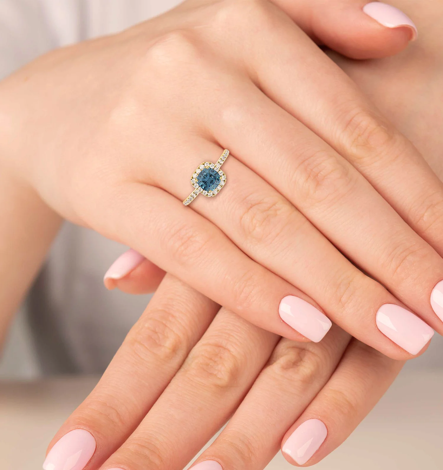 Beatrice Blue Lab Diamond 1.65ct Cushion Halo Ring in 18K Yellow Gold- Elara Collection - Image 2
