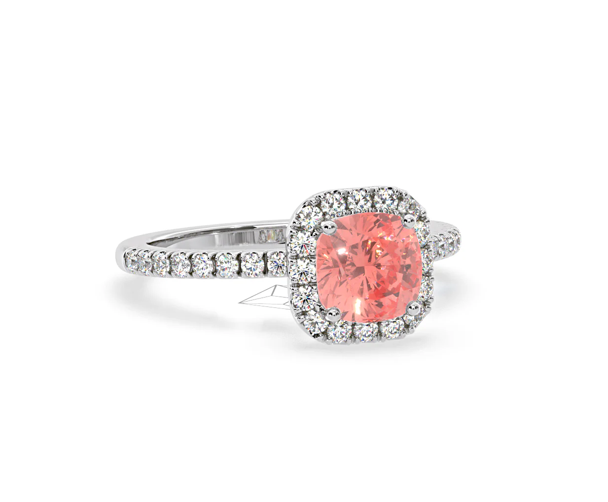 Beatrice Pink Lab Diamond 1.65ct Cushion Halo Ring in Platinum - Elara Collection - Image 82