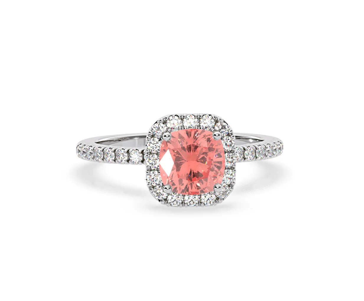 Beatrice Pink Lab Diamond 1.65ct Cushion Halo Ring in Platinum - Elara Collection - Image 85