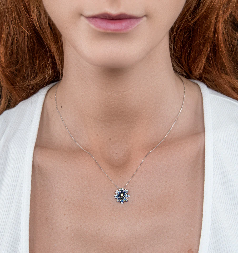 Blue and Yellow Sapphire Diamond Pendant Necklace in 9K White Gold - Image 2