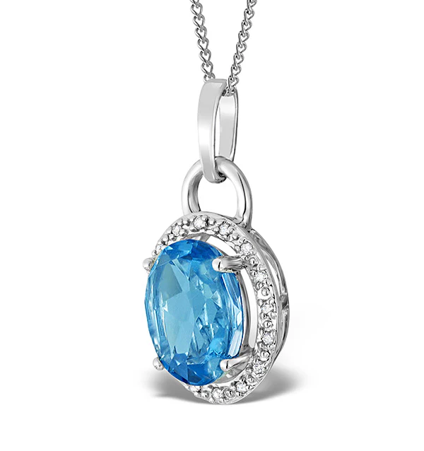 Blue Topaz 2.96CT And Diamond 9K White Gold Pendant Necklace - Image 3