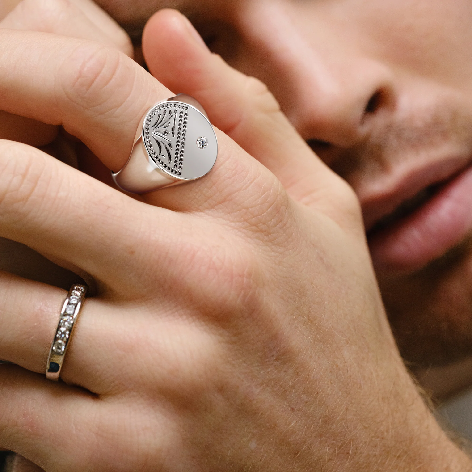 Crest 0.03ct Lab Diamond Men's Oval Signet Ring in Sterling Silver - Image 2