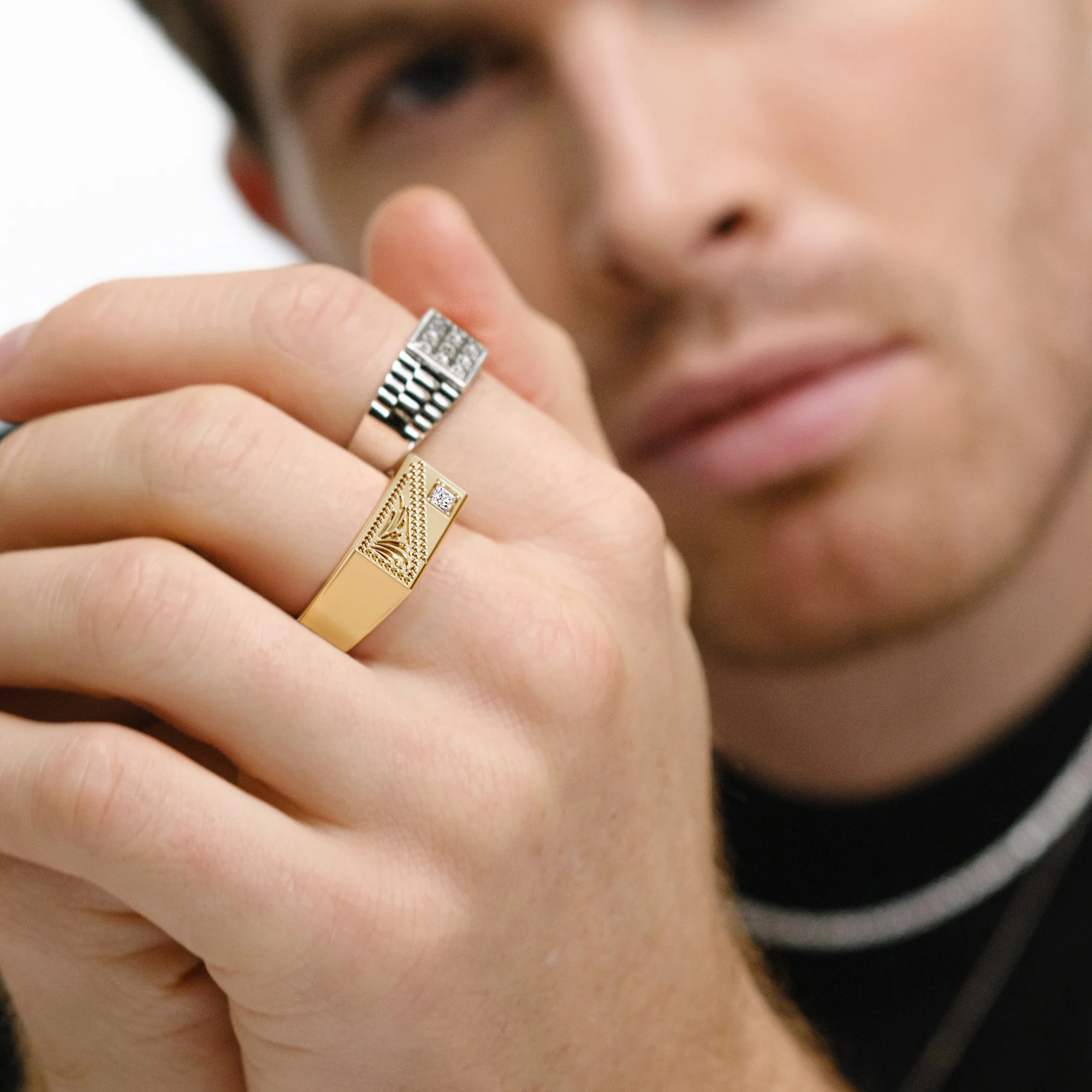 Crest 0.03ct Lab Diamond Men's Rectangle Signet Ring in 18K Yellow Gold Vermeil - Image 2